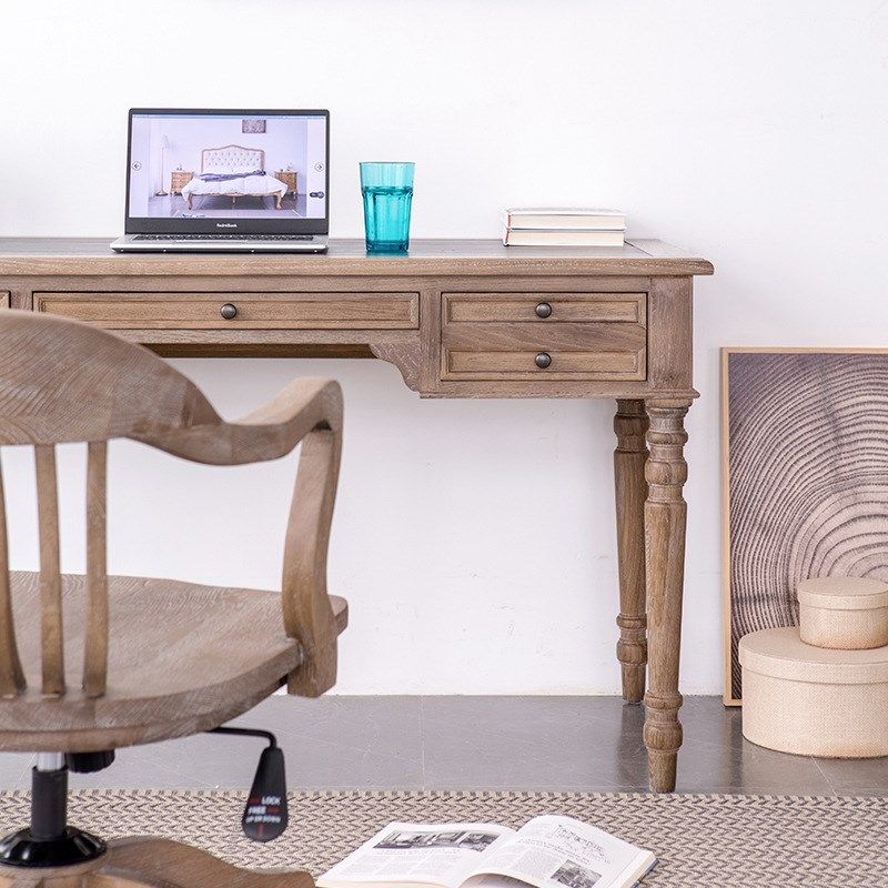 美式乡村橡木三抽办公桌书桌 欧式原木电脑桌简约写字台读书实木