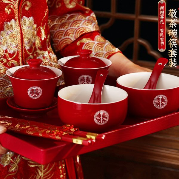 敬茶杯结婚改口敬酒茶杯套装喜碗婚礼对碗娘家陪嫁用品红色希晨