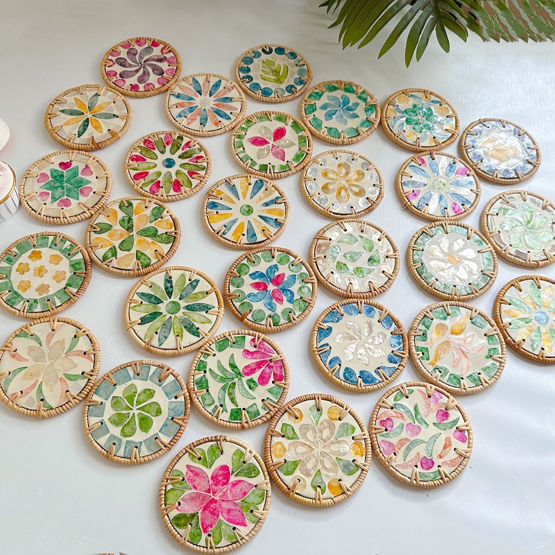 越南藤编拼贝壳隔热圆形藤编杯垫