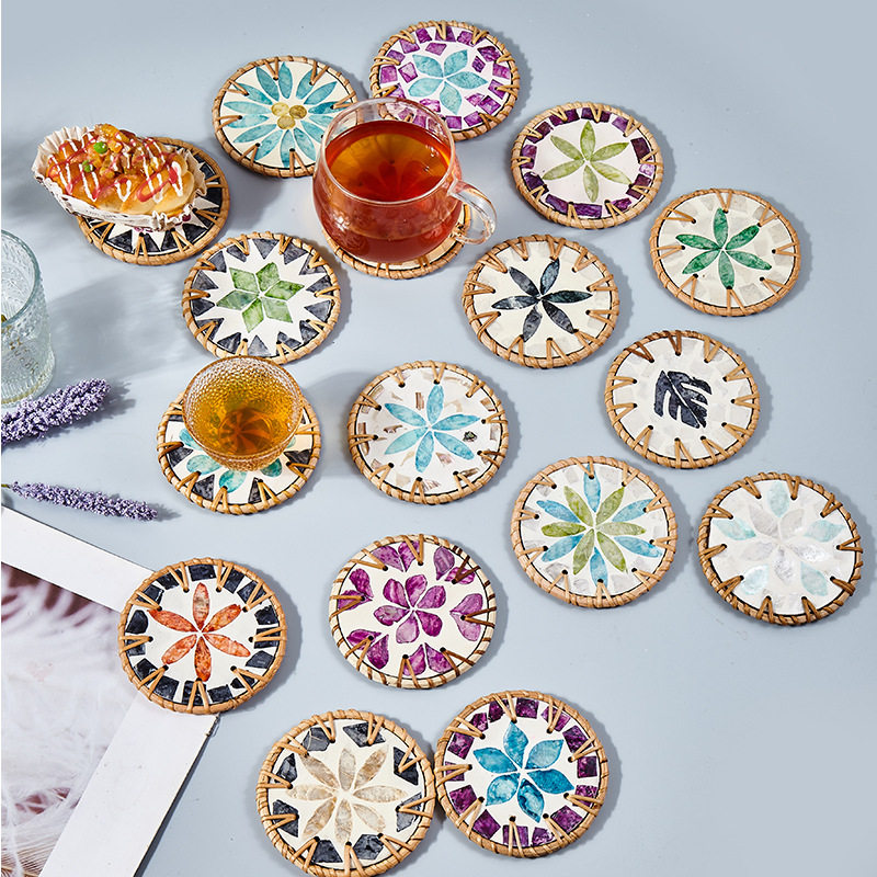 越南藤编彩色贝壳隔热茶壶茶杯垫子桌面零食茶几防烫垫花纹圆形,餐饮具,杯垫,淘宝优惠券,粉丝福利购,淘宝优惠卷