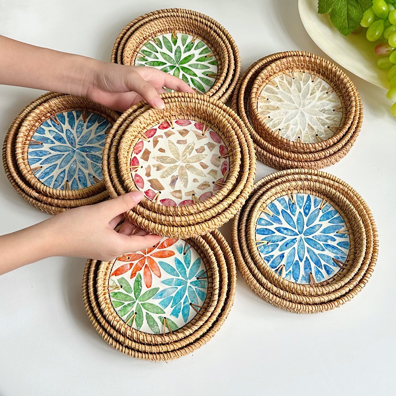 藤编贝壳托盘天然圆形家用托盘