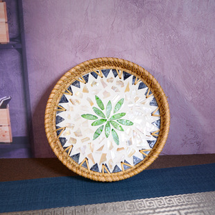 藤编手工贝壳托盘北欧高级创意彩贝壳果盘零食收纳托盘茶盘置物盘