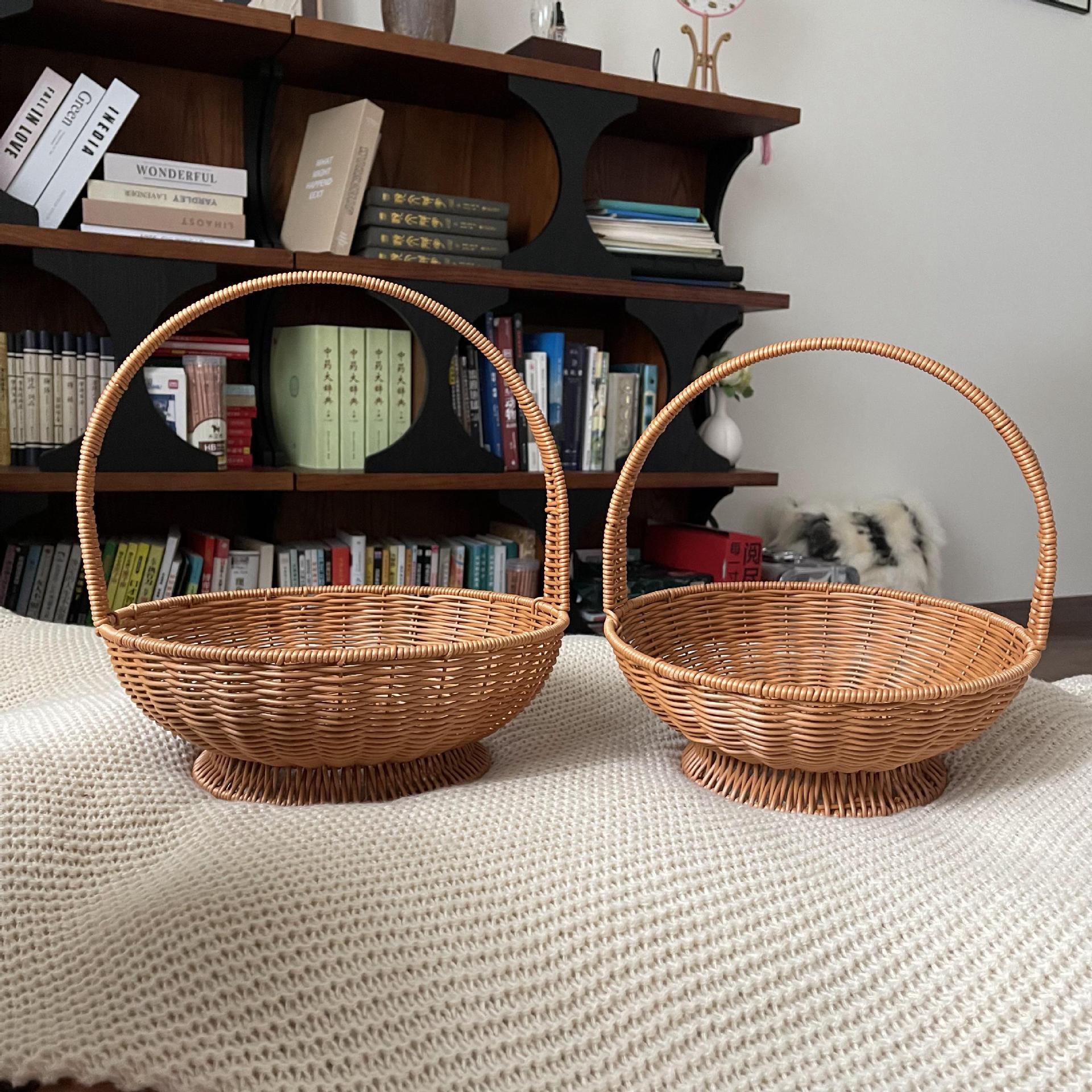 仿藤铁架高脚水果礼品手提篮藤筐