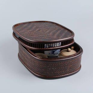 日式竹编大漆茶具收纳筐 茶叶收纳篮子 竹编盒 漆器 茶道零配包邮