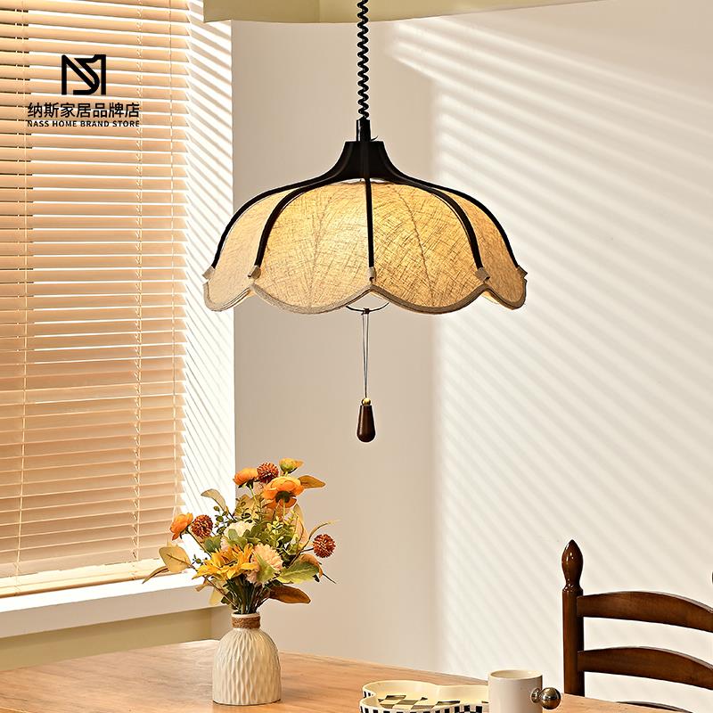 法式中古风实木布艺吊灯茶桌民宿餐厅花朵主卧室自由升降悬停灯具