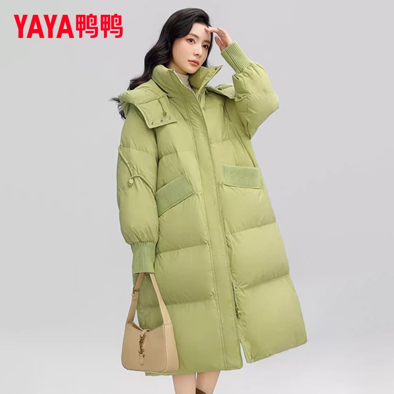鸭鸭冬季新款宽松连帽长款过膝羽绒服女款时尚简约保暖中长外套潮