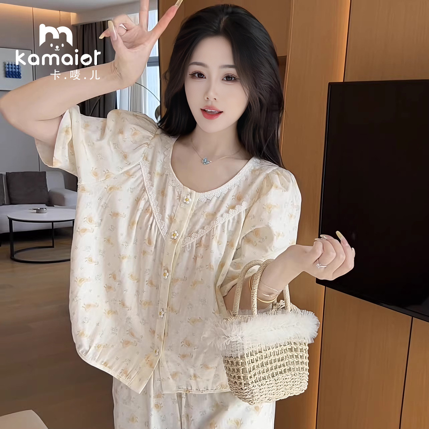 卡唛儿女纯棉睡衣套装外穿可爱