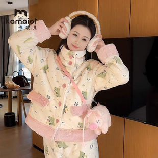 法兰绒睡衣女2025冬季新款加厚保暖可爱气质高领家居服套装可外穿