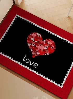 新款红色喜庆入户丝圈地垫爱心玄关门垫可裁剪防滑耐脏地毯