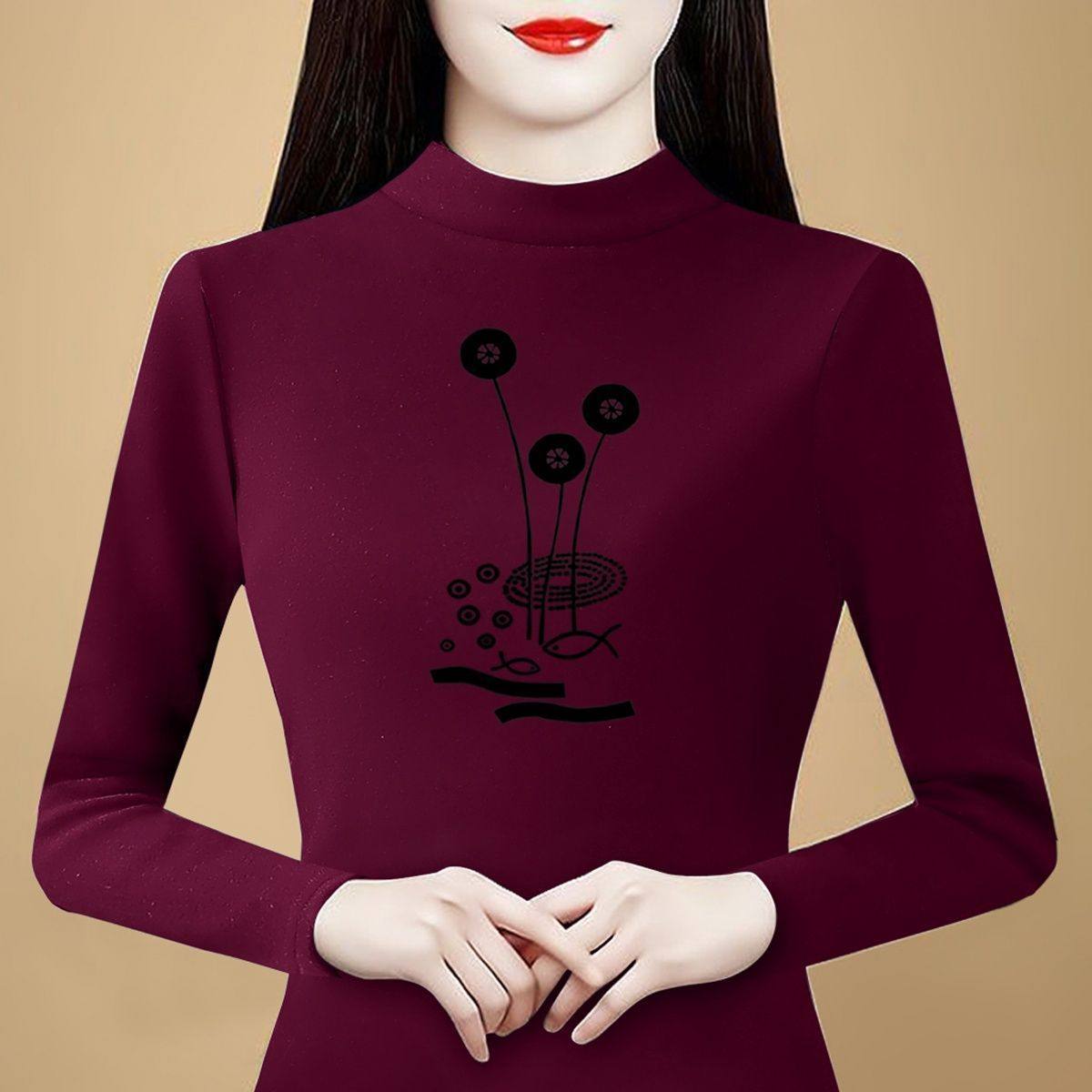 大码德绒保暖半高领印花洋气长袖打底衫女秋冬新款妈妈装百搭上衣,女装/女士精品,大码内搭,淘宝优惠券,粉丝福利购,淘宝优惠卷