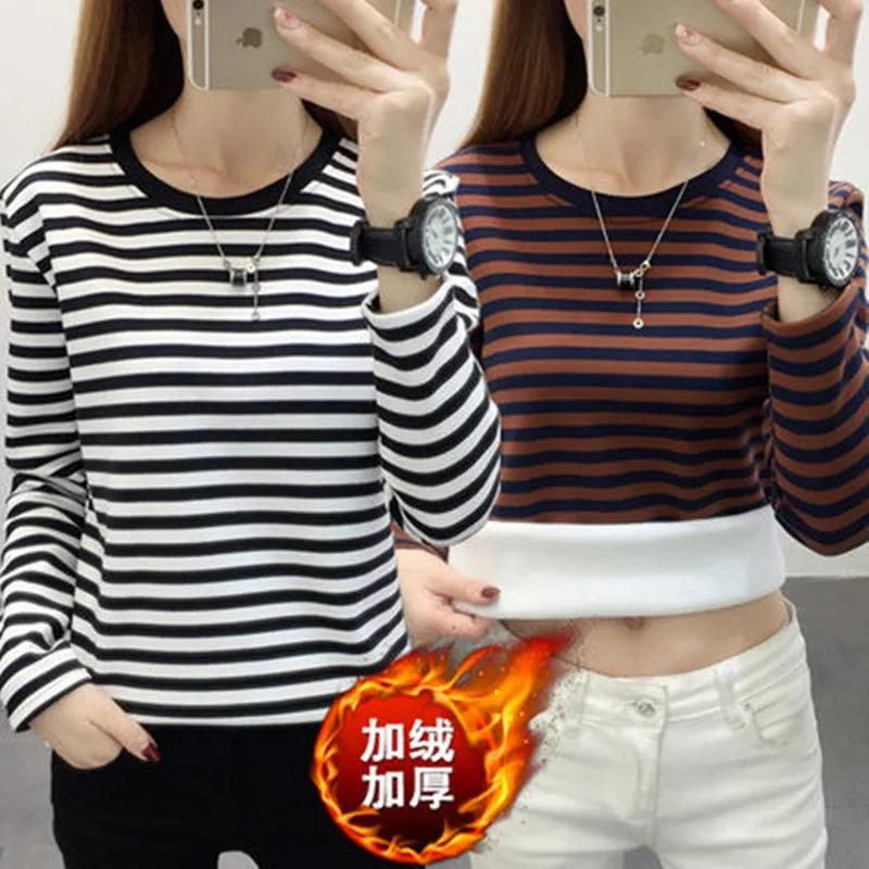 加绒条纹洋气长袖秋冬内搭大码