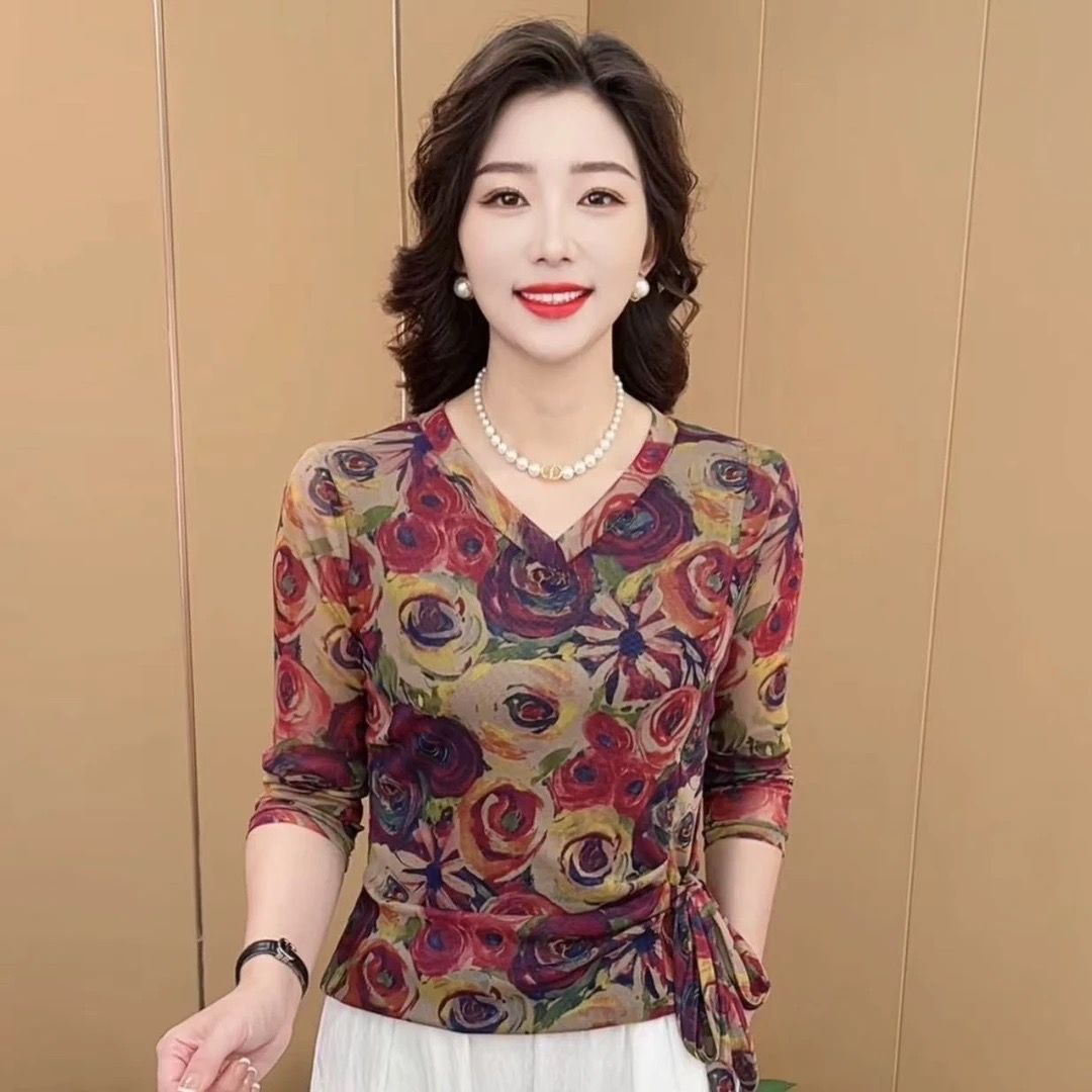 中年妈妈碎花洋气上衣女时尚绑带