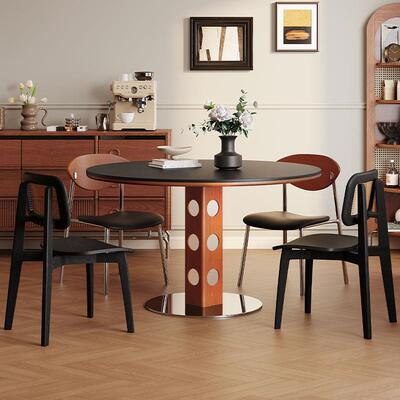 中古风圆桌覆古金属腿岩板圆形餐桌家用小户型北欧包豪斯实木餐桌