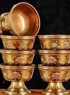 尼泊尔藏式纯铜 供水碗 家用八吉祥高脚供水杯佛前供水碗桌面摆件