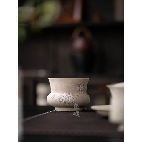 鱼戏手绘绣球花堆雕陶瓷建水洗水茶渣缸茶废水桶茶洗花瓶插花器