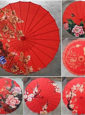 新款红色印花布伞舞蹈伞新娘伞外嫁女演出回娘家实心木杆印