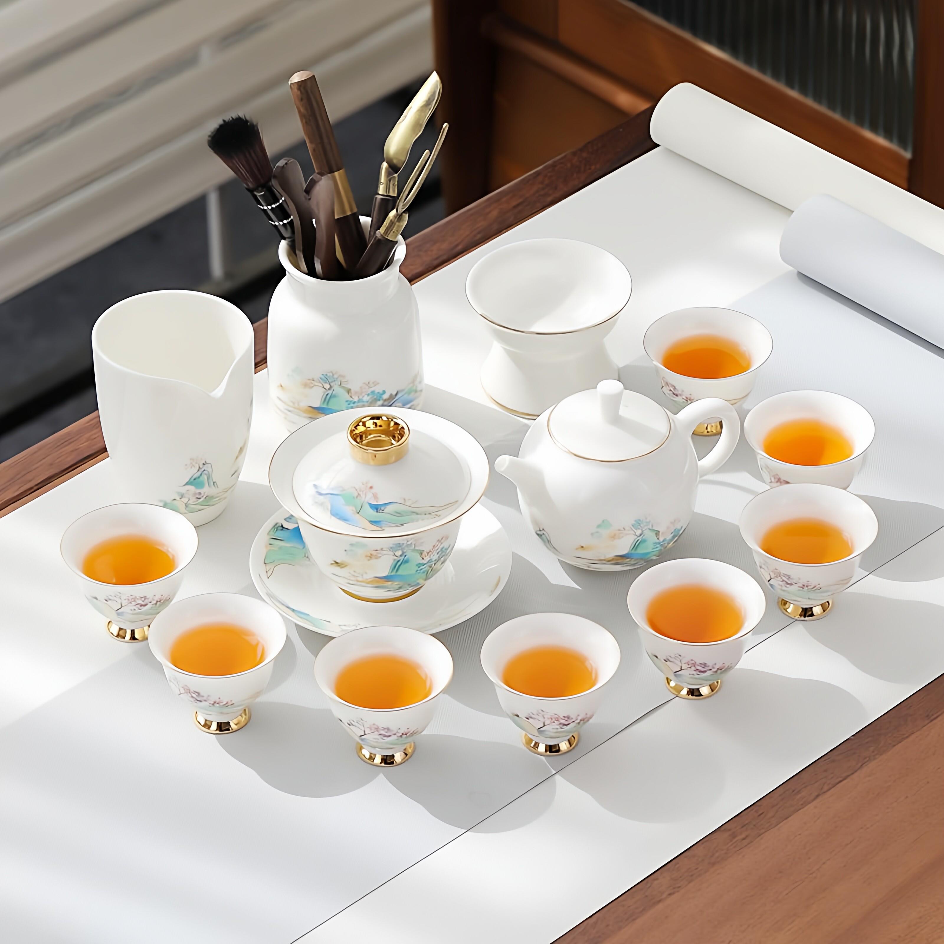 羊脂玉茶具套组家用客厅待客喝茶轻奢高档陶瓷功夫盖碗茶杯泡茶壶