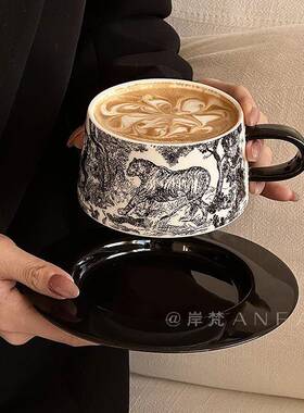 岸梵 法式高颜值虎跃LONGCHAMP咖啡杯碟套装创意黑色陶瓷杯子下午