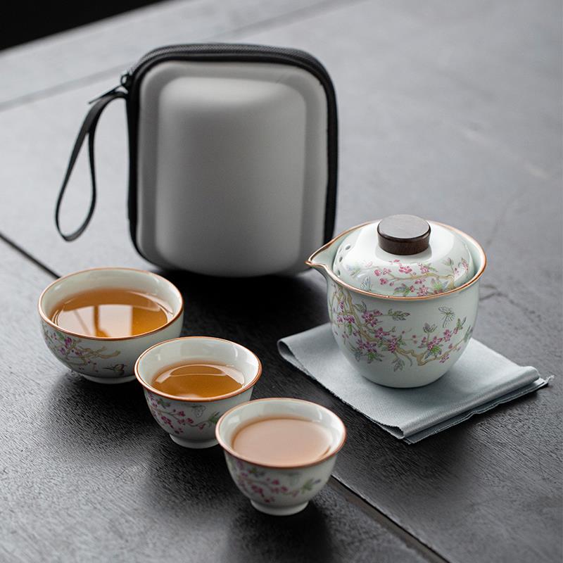 米黄汝窑一壶三杯便携式旅行茶具户外泡茶快客杯收纳包送礼可定制