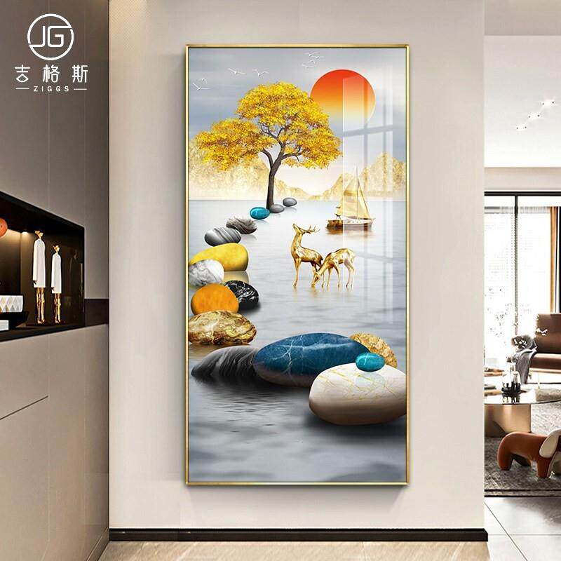 石来运转入户玄关画大气竖版走廊挂画轻奢现代高档壁画晶瓷镶钻