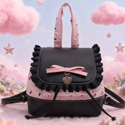 日单蕾系日系noemie风格女生可爱系蕾丝蝴蝶结黑粉色双肩包