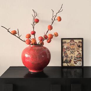 态生活中古风红色花瓶干 干燥花彷真花插花器景德镇国风台面陶罐