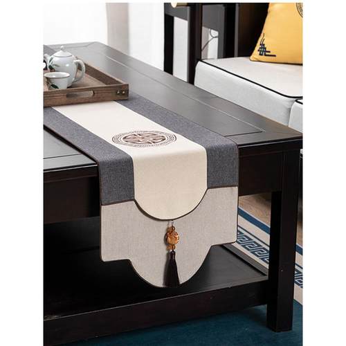 新中式桌旗禅意现代简约米色茶席茶几垫茶台餐桌旗电视柜盖布定制