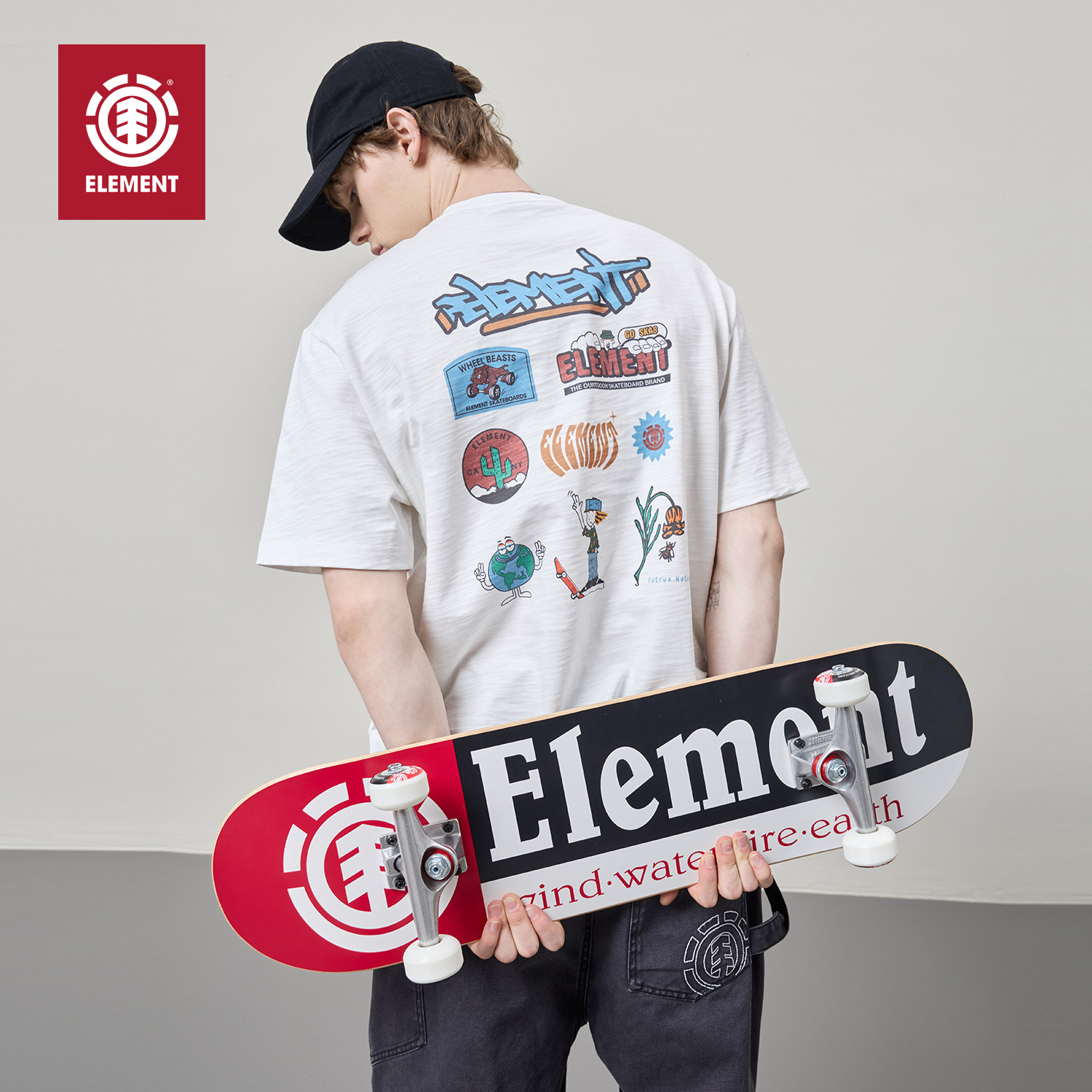 美国ELEMENT滑板短袖T恤男夏季白色竹节棉美式印花重磅纯棉上衣潮