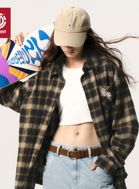 美国ELEMENT滑板长袖衬衫女新款宽松复古格纹老钱风磨毛百搭外套