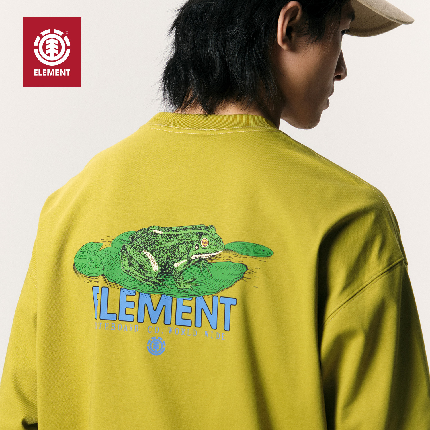 美国ELEMENT滑板长袖T恤男黄绿色青蛙印花索罗娜凉感速干运动上衣