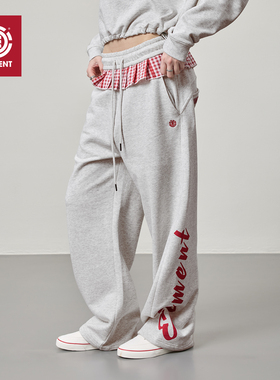 美国ELEMENT滑板卫裤女宽松红色格纹荷叶边抽绳高腰阔腿弯刀裤潮