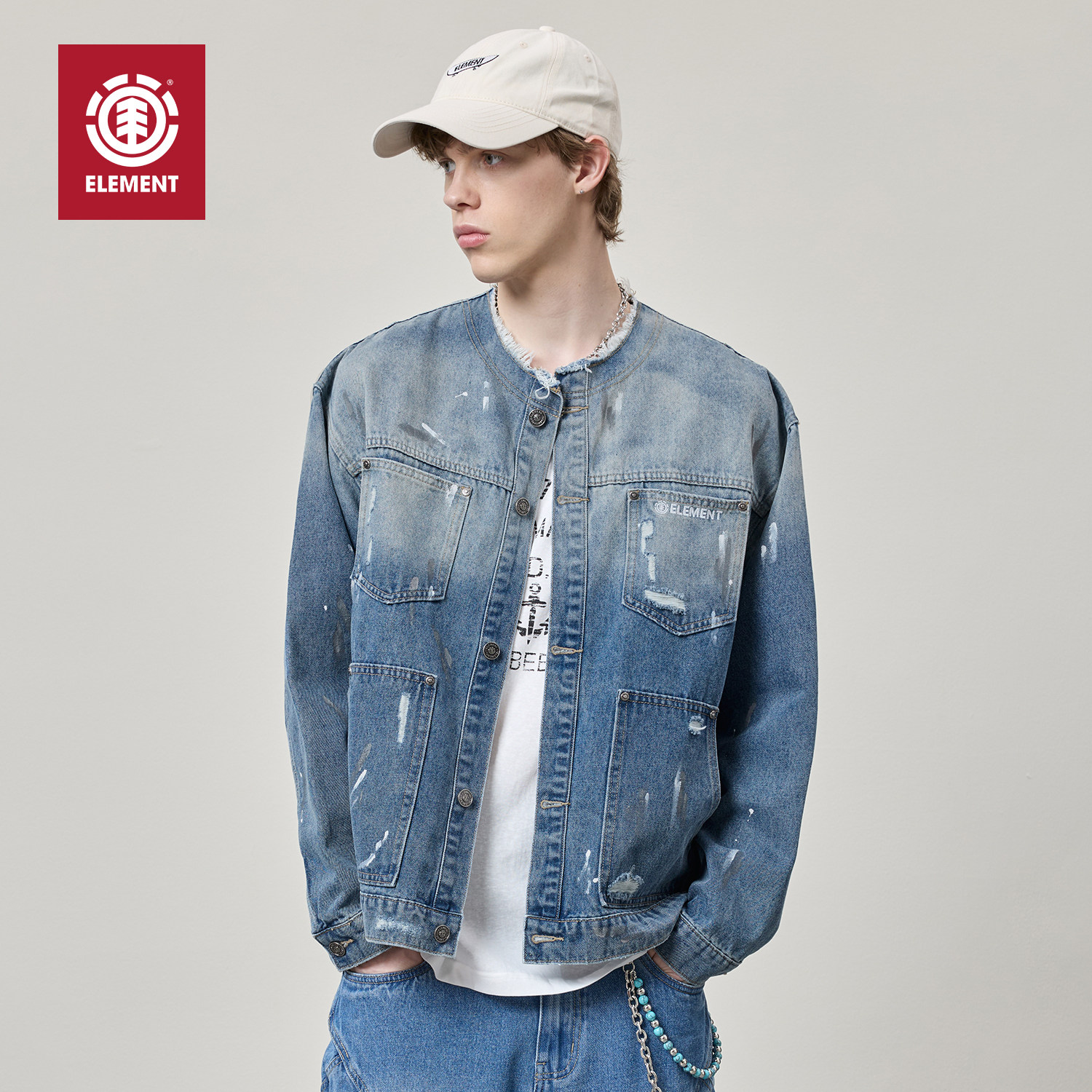 美国ELEMENT滑板牛仔夹克男街头风泼墨毛边水洗做旧百搭情侣外套