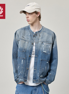 美国ELEMENT滑板牛仔夹克男街头风泼墨毛边水洗做旧百搭情侣外套