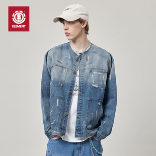 美国ELEMENT滑板牛仔夹克男街头风泼墨毛边水洗做旧百搭情侣外套
