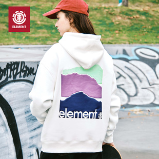 美国ELEMENT滑板连帽卫衣女白色复古山峦印花重磅抓绒落肩上衣潮