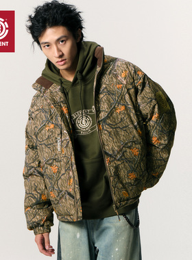 美国ELEMENT滑板棉服男宽松立领复古树叶满印摇粒绒拼接加厚外套