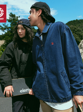 美国ELEMENT滑板牛仔夹克男秋季深蓝翻领复古刺绣休闲情侣外套女