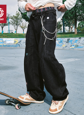 美国ELEMENT滑板牛仔裤男黑色复古潮流刺绣不规则分割廓型弯刀裤