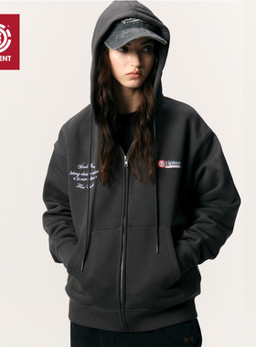 美国ELEMENT滑板开衫卫衣女深灰色连帽复古趣味印花重磅加绒外套