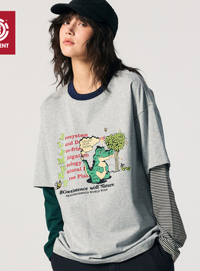 美国ELEMENT滑板长袖T恤女秋季条纹趣味印花假两件重磅情侣上衣男