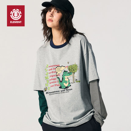美国ELEMENT滑板长袖T恤女秋季条纹趣味印花假两件重磅情侣上衣男