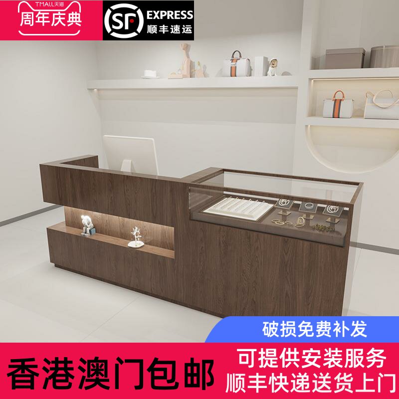 【香港包邮】简约现代服装店吧台桌饰品店收银台展示柜一体柜台玻