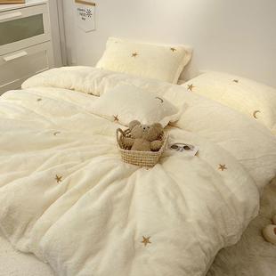泰迪绒珊瑚绒床上四件套公主风白色加厚双面绒被套加绒床单款 冬季