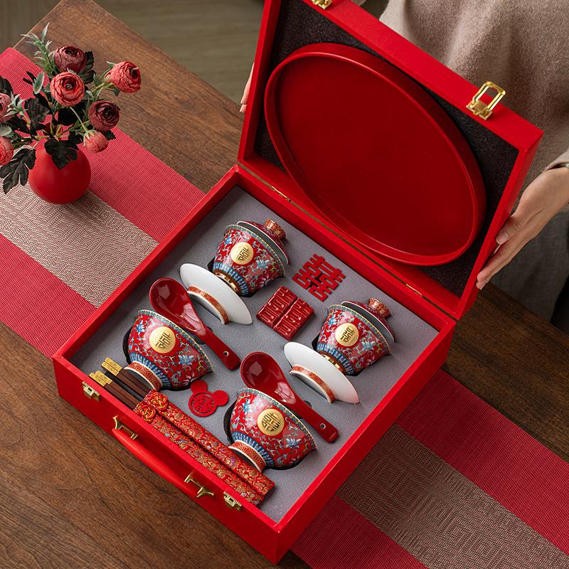 敬茶杯结婚碗筷套装珐琅彩敬酒喜杯喜碗红碗一对高端定制陪嫁用品