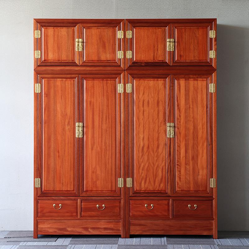 中式实木大衣柜四门雕花衣帽储物柜金花梨木两门三门四门顶箱柜