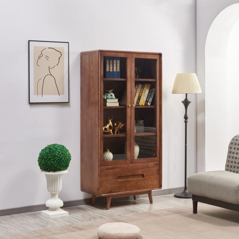 实木书柜客厅储物柜置物柜带玻璃双门立柜北欧简约书橱落地大书架