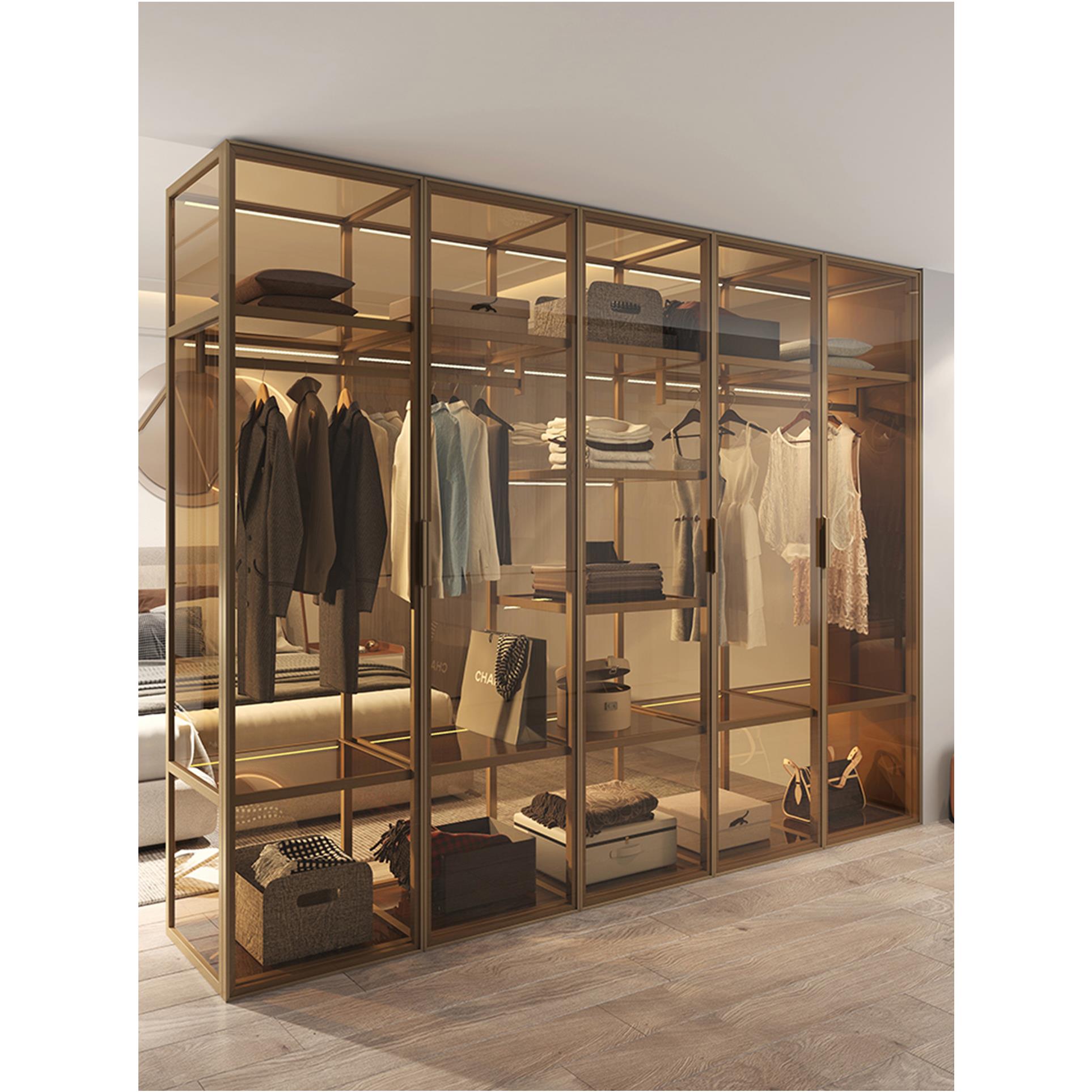 定制铝合金衣柜家用卧室轻奢玻璃门现代简约转角储物衣帽间衣橱柜
