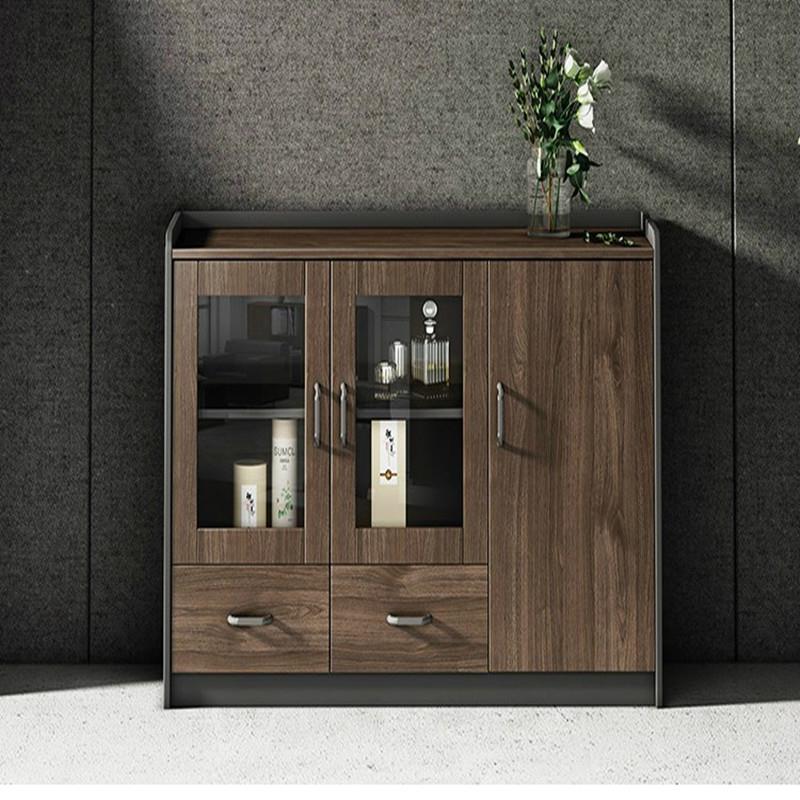 欧漫现代简约办公茶水柜1.2米带抽屉玻璃门胡桃色矮柜实惠特价0.8