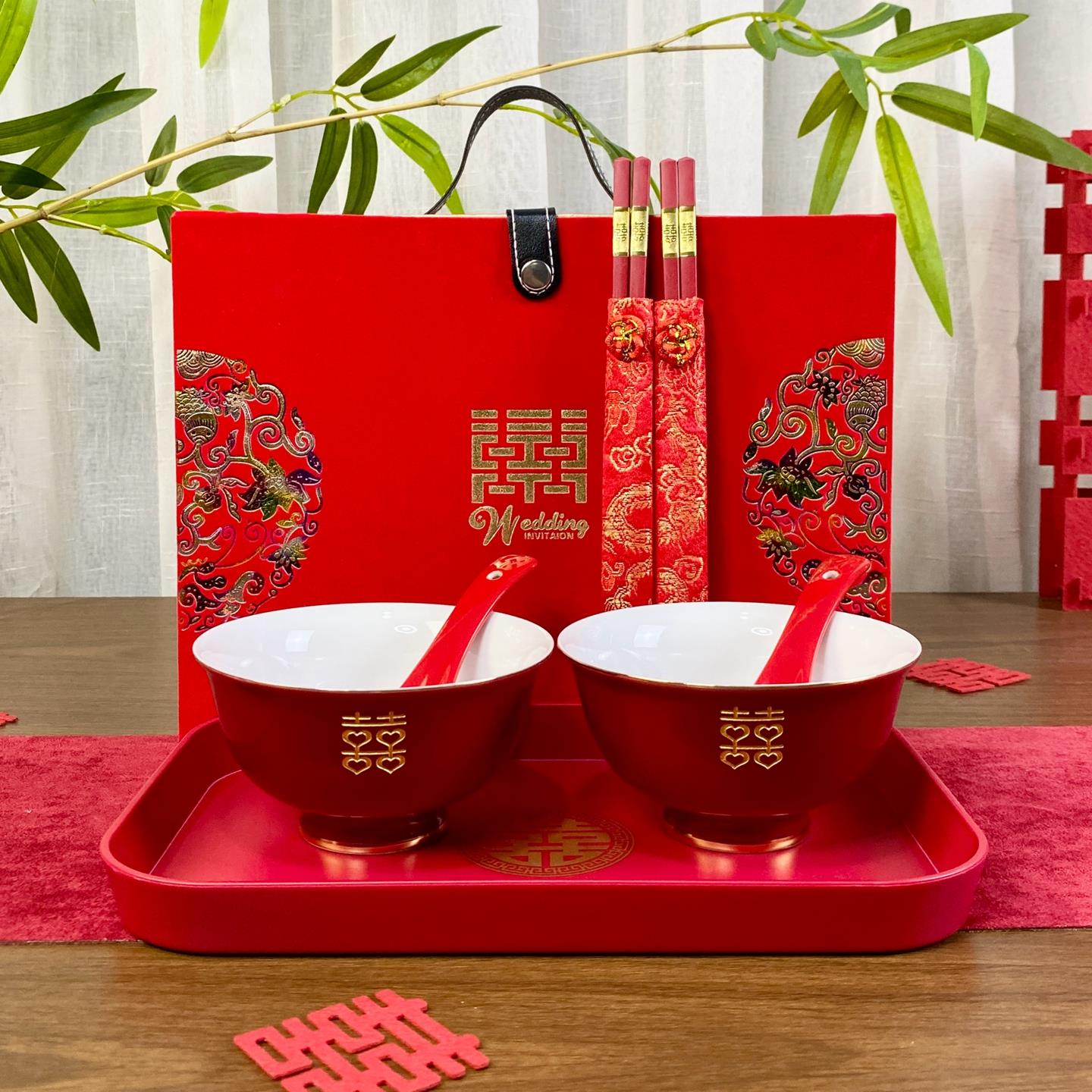 新婚喜碗筷套装送女方新人红色对碗礼品结婚礼物陪嫁中式高脚餐具