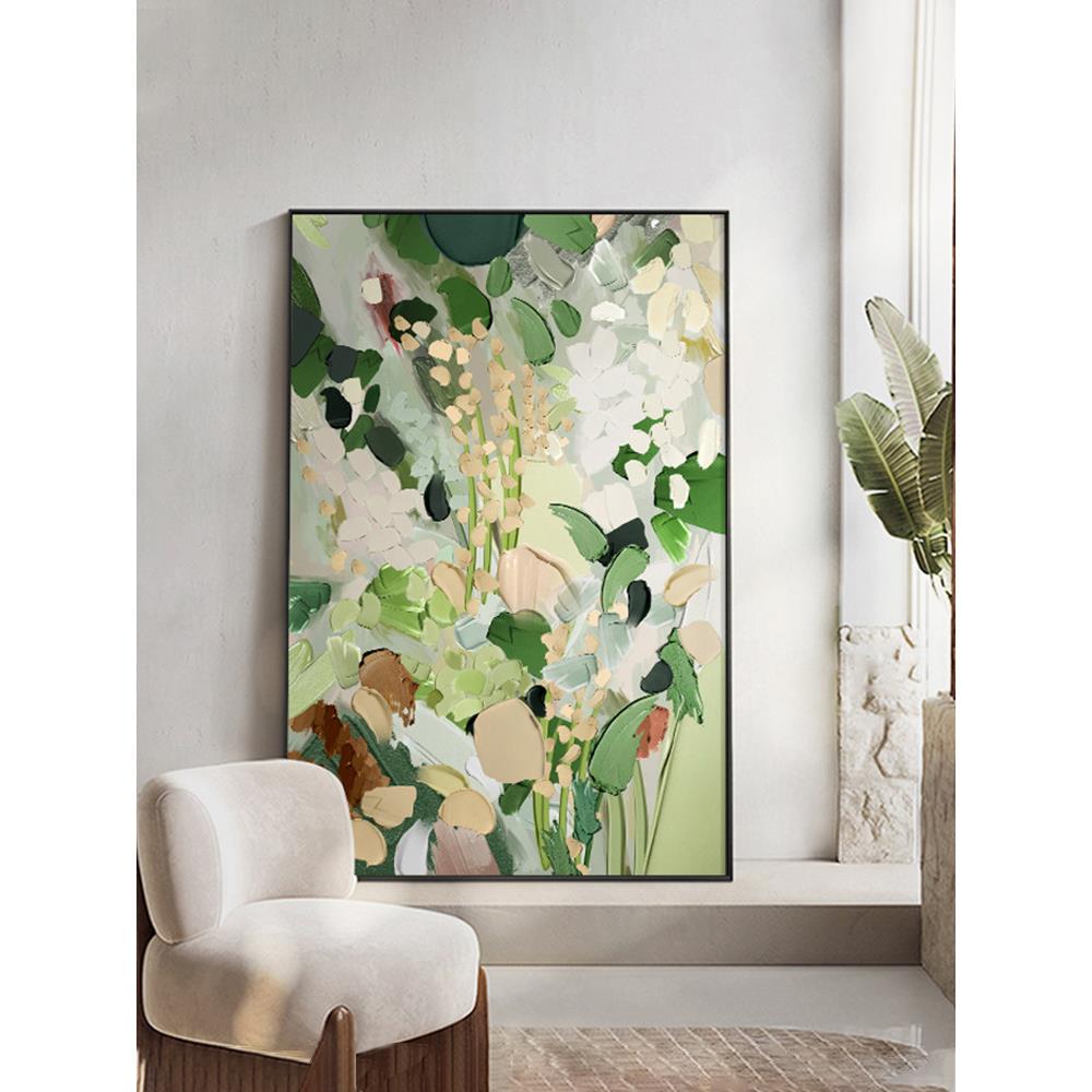 大芬油画村玄关沙发背景墙落地画绿色奶油风客厅装饰画花卉艺术画图片
